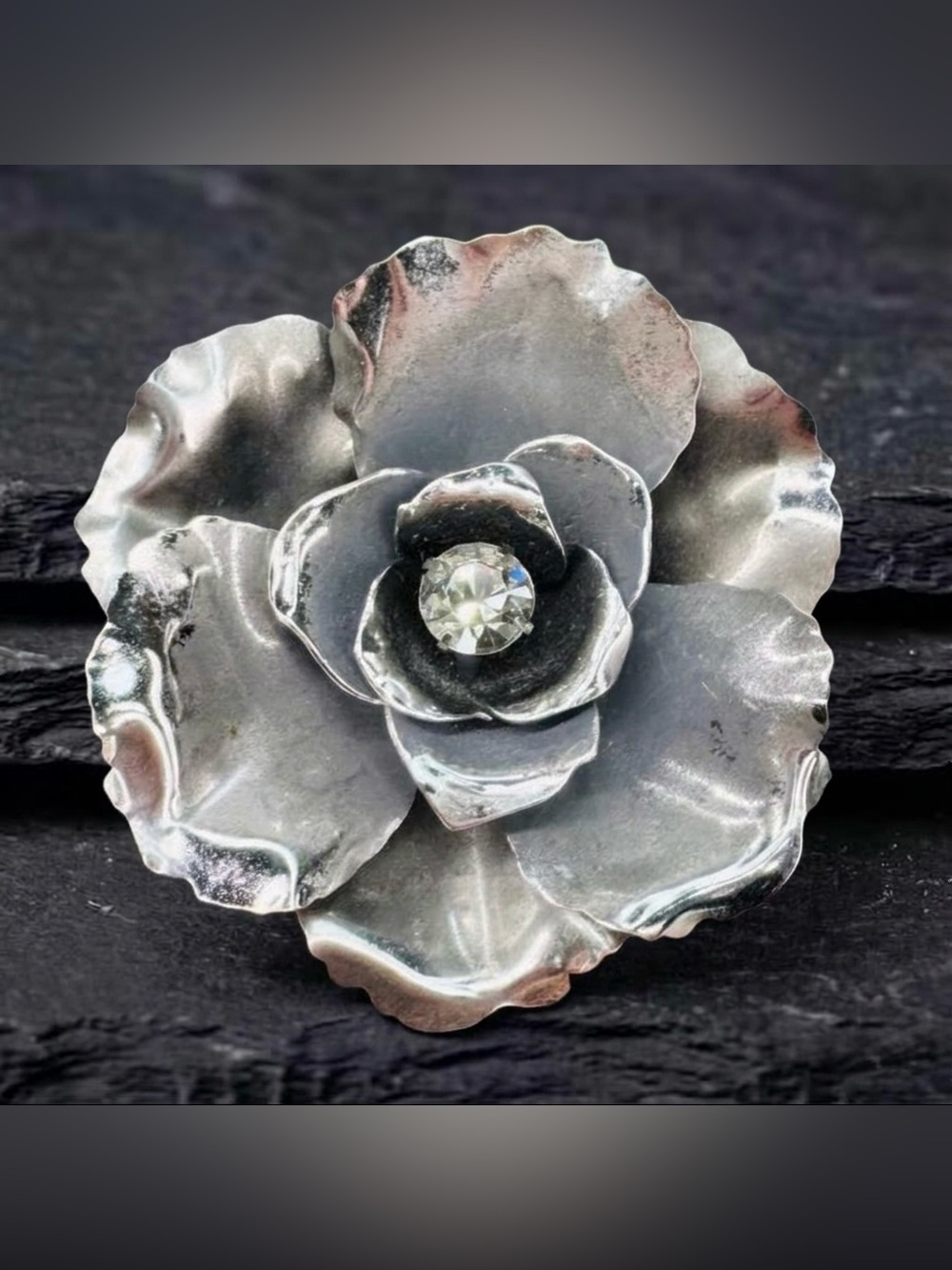 Vintage 60s Gray Enamel Shiny Silver Tone Rhinestone Center Flower Brooch
